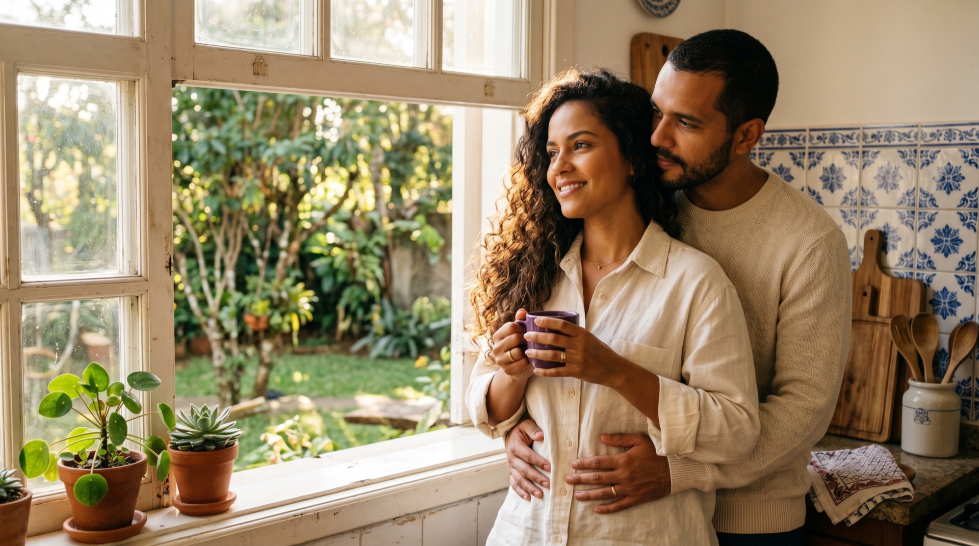 Mulher em ambiente de cozinha ao amanhecer, com xícara na mão e luz de janela