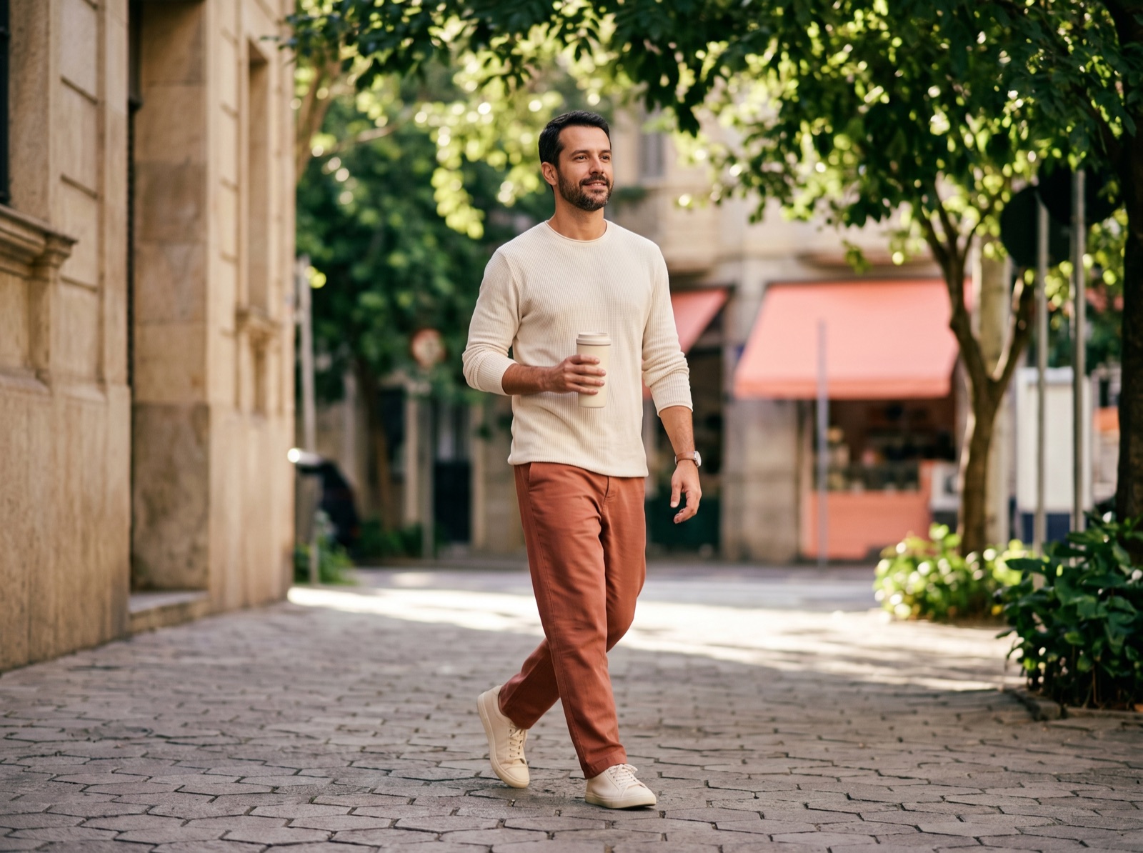 Homem caminhando em rua arborizada de manhã com xícara de café